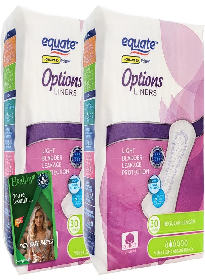 Healthy Surplus Equate Options Liners - 2 Packs of 30 (60 Total - Light Bladder Leakage Protection - Regular Length and Vital Volumes Tips Card Bundle - Image 1