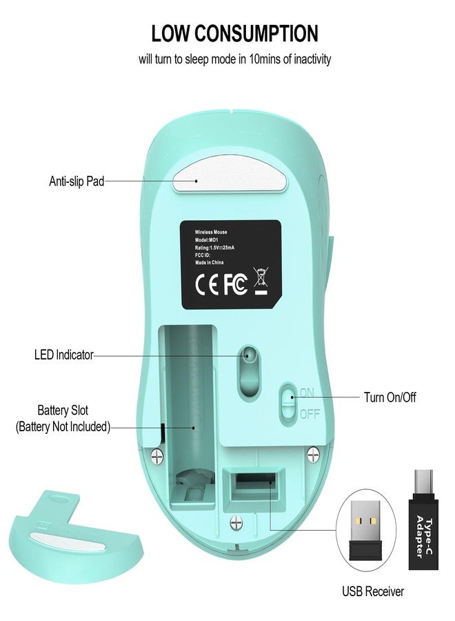 WisFox 2.4G Wireless Mouse for Laptop, Ergonomic Computer Mouse with USB Receiver and Type-C Adapter, 3 Adjustable Levels, 6 Button Cordless Mice for Windows Mac PC Notebook (Mint Green) - Image 5