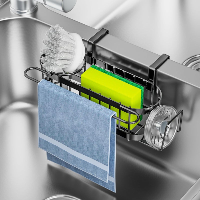 Cisily Cisily 3-in-1 Sponge Holder for Kitchen Sink Caddy (Hanging&Adhesive)  Stainless Steel Movable Brush Holder + Dish Cloth Hanger  Hanging Sink Caddy Organizer  in Sink Organizer Accessories Rack - Image 1