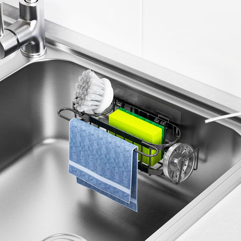 Cisily Cisily 3-in-1 Sponge Holder for Kitchen Sink Caddy (Hanging&Adhesive)  Stainless Steel Movable Brush Holder + Dish Cloth Hanger  Hanging Sink Caddy Organizer  in Sink Organizer Accessories Rack - Image 3