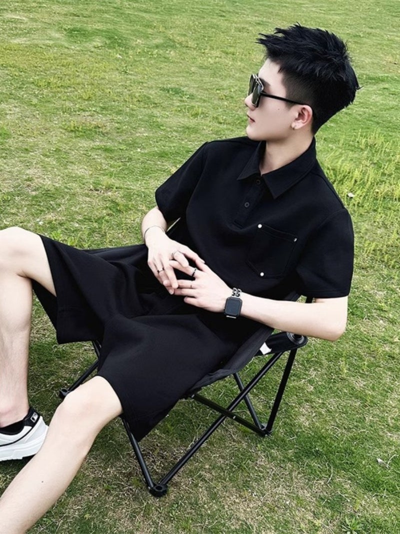 Men's Short Sleeve Polo Shirt Set with Casual Shorts Two-Piece Summer Outfit