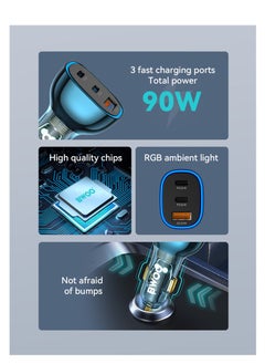 BWOO Bwoo Fast Car Charger, 90W USB-C Car Charger 3 Port Transparent & Blue for Iphone, Ipad, Samsung, Vivo, Huawei  - Image 5
