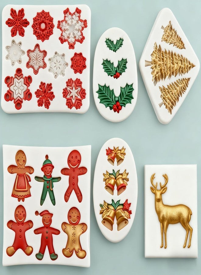 LLPMutu 6Pcs Christmas Fondant Molds Silicone Candy Molds Set Snowflake Snowman Xmas Tree Reindeer Santa Claus Holly Bells Candy Cane Chocolate Mould for Pudding Jelly Cake Cupcake Topper Decoration (White) - Image 1