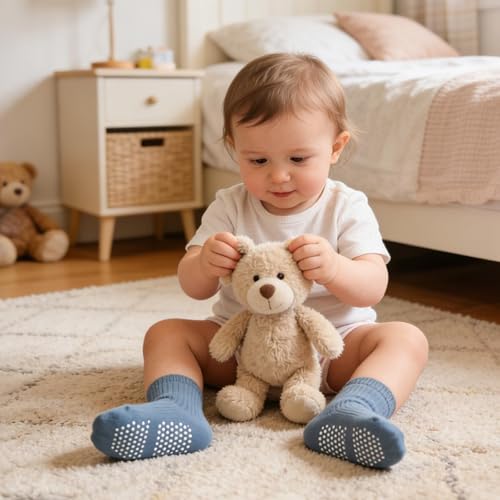 Bearbay Toddler Non Slip Cotton Crew Socks with Anti-slip Dots for Infant Baby Boys Girls 9 Pairs Plain Blue - Image 3