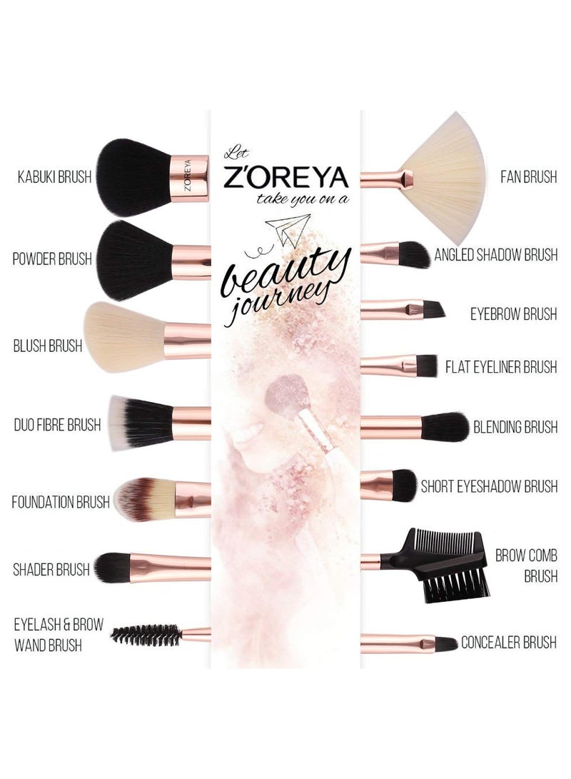 Zoreya 15pc Rose Gold Make Up Brush Set - Image 3