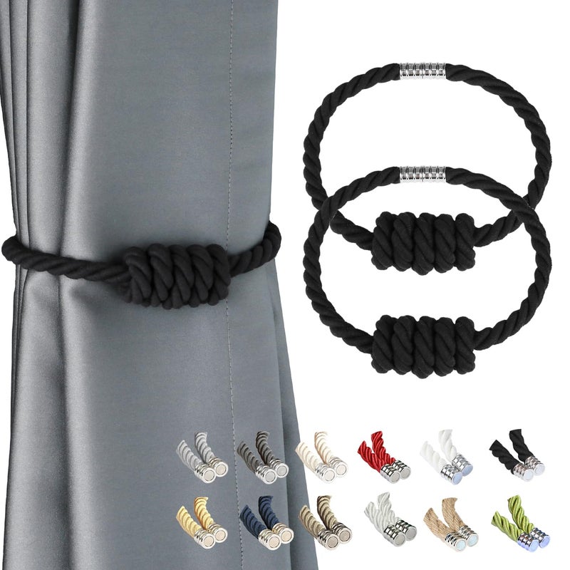 BEL AVENIR Magnetic Cotton Curtain Tiebacks, Decorative Drapery Holdbacks Modern Woven Tie-Backs with Exquisite Knot (Black Cotton, 2 Pack) - Image 1