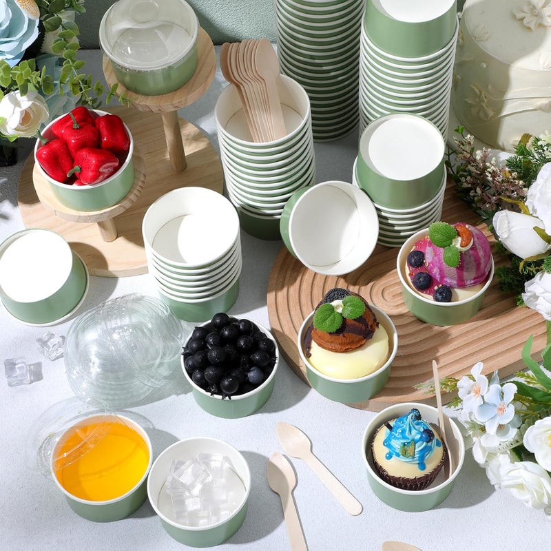 LemonRoad 100 Pack 5 oz Ice Cream Paper Cups with Lids and Spoons Disposable Dessert Cups Ice Cream Bowls Sundae Containers for Snack Yogurt Soup Birthday Party Supplies(Green) - Image 5