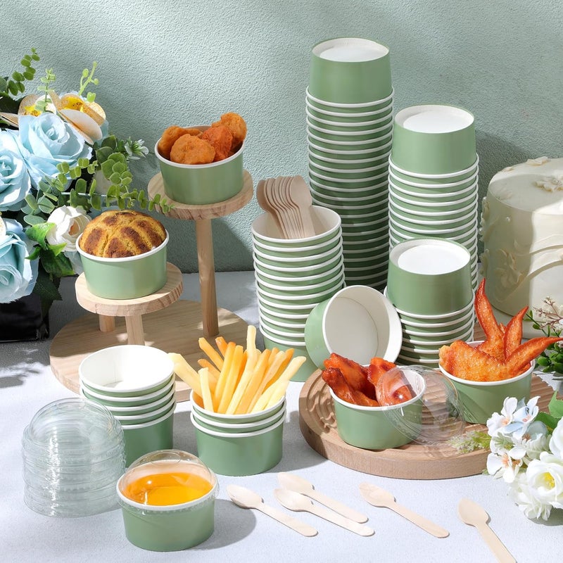 LemonRoad 100 Pack 5 oz Ice Cream Paper Cups with Lids and Spoons Disposable Dessert Cups Ice Cream Bowls Sundae Containers for Snack Yogurt Soup Birthday Party Supplies(Green) - Image 4