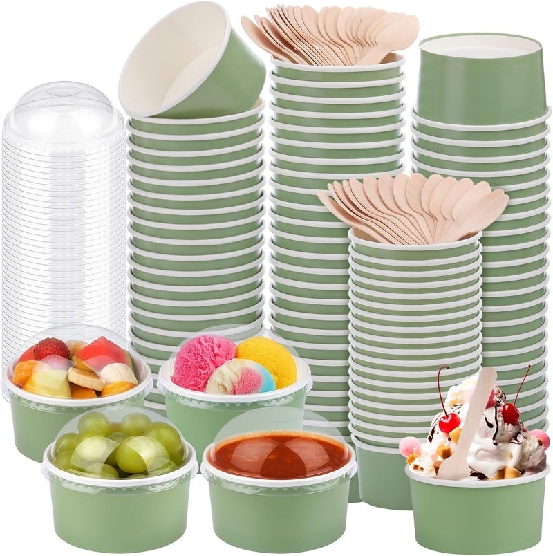 LemonRoad 100 Pack 5 oz Ice Cream Paper Cups with Lids and Spoons Disposable Dessert Cups Ice Cream Bowls Sundae Containers for Snack Yogurt Soup Birthday Party Supplies(Green) - Image 1