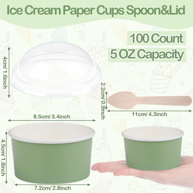 LemonRoad 100 Pack 5 oz Ice Cream Paper Cups with Lids and Spoons Disposable Dessert Cups Ice Cream Bowls Sundae Containers for Snack Yogurt Soup Birthday Party Supplies(Green) - Image 2