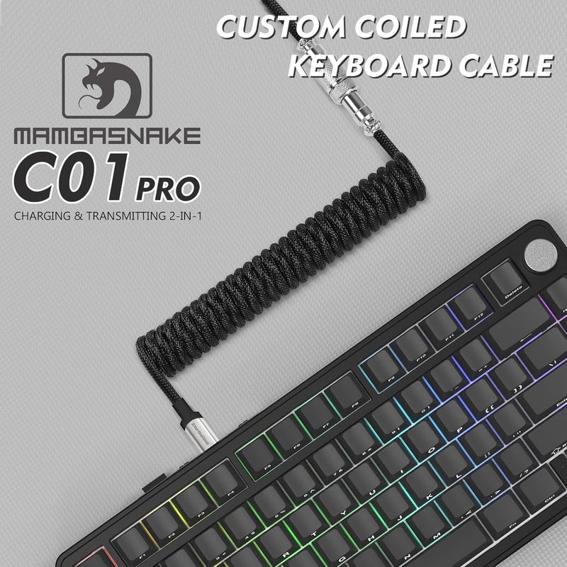 MAMBASNAKE كابل MAMBASNAKE الملفوف من نوع USB C لوحة مفاتيح الألعاب، مضفر من النايلون مع قابس طيران معدني قابل للفصل، نوع C فائق السرعة بمعدل عودة 8 كيلوهرتز، طول 4.92 قدم (C01Pro/أسود) - Image 2
