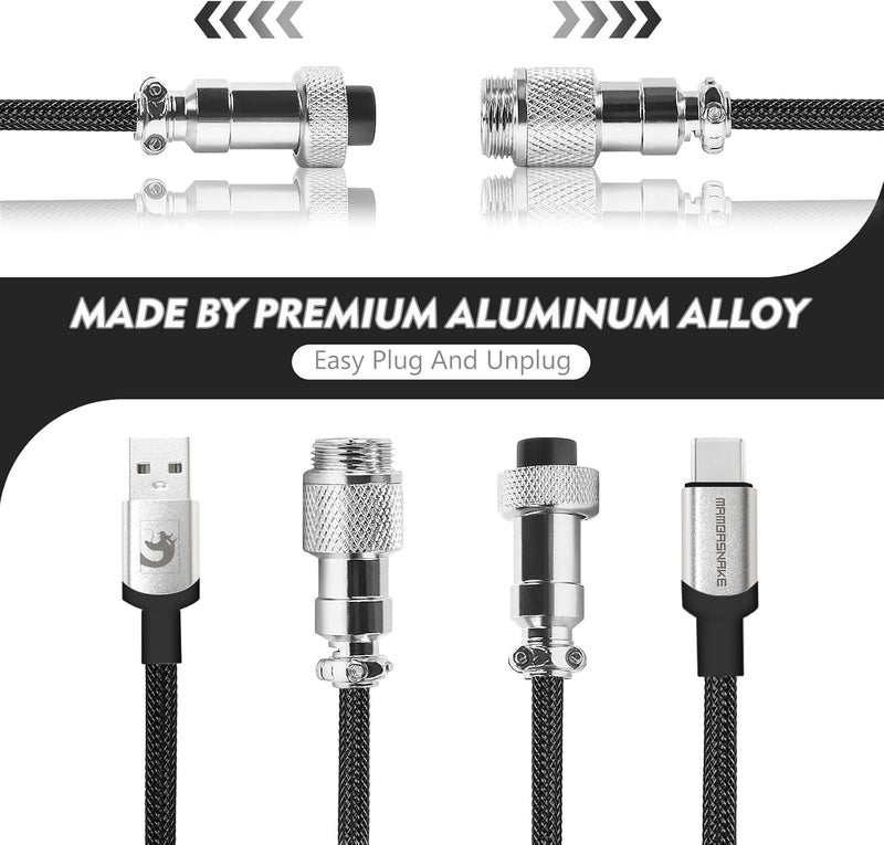 MAMBASNAKE كابل MAMBASNAKE الملفوف من نوع USB C لوحة مفاتيح الألعاب، مضفر من النايلون مع قابس طيران معدني قابل للفصل، نوع C فائق السرعة بمعدل عودة 8 كيلوهرتز، طول 4.92 قدم (C01Pro/أسود) - Image 4
