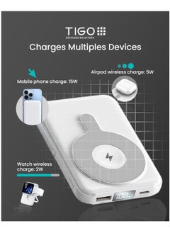 T I G O Magsafe Power Bank 10000mAh Wireless Portable Charger Fast Charging with Display, Mobile Phone PD 20W Wired Charging, iPhone Magsafe Charger Battery Pack for iPhone 12-16 Series, Samsung White  - Image 3