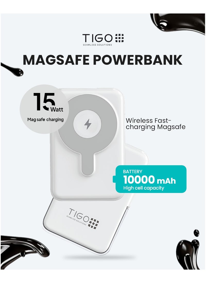 T I G O - 10000mAh Magsafe Power Bank Wireless Portable Charger Fast Charging with Display Mobile Phone PD 20W Wired Charging, iPhone Magsafe Charger Battery Pack for iPhone 12-16 Series, Samsung White - Image 1