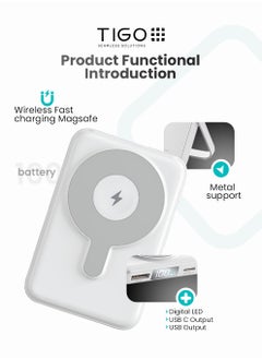 T I G O Magsafe Power Bank 10000mAh Wireless Portable Charger Fast Charging with Display, Mobile Phone PD 20W Wired Charging, iPhone Magsafe Charger Battery Pack for iPhone 12-16 Series, Samsung White  - Image 2