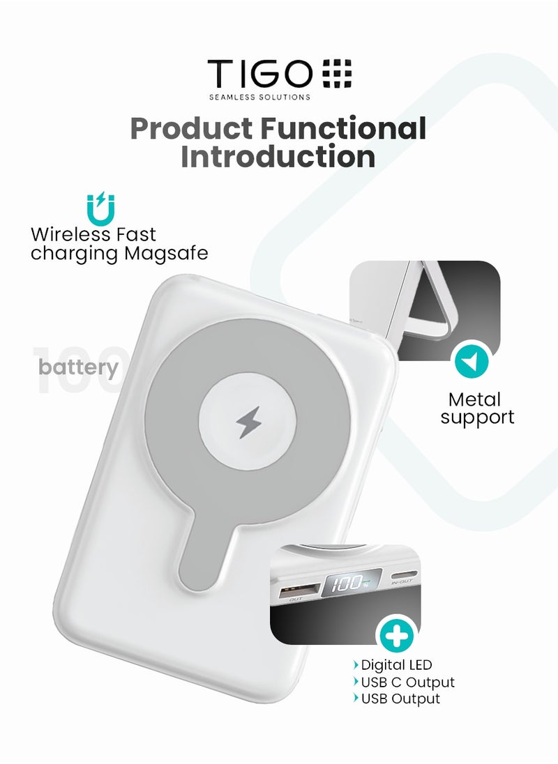 T I G O - 10000mAh Magsafe Power Bank Wireless Portable Charger Fast Charging with Display Mobile Phone PD 20W Wired Charging, iPhone Magsafe Charger Battery Pack for iPhone 12-16 Series, Samsung White - Image 1