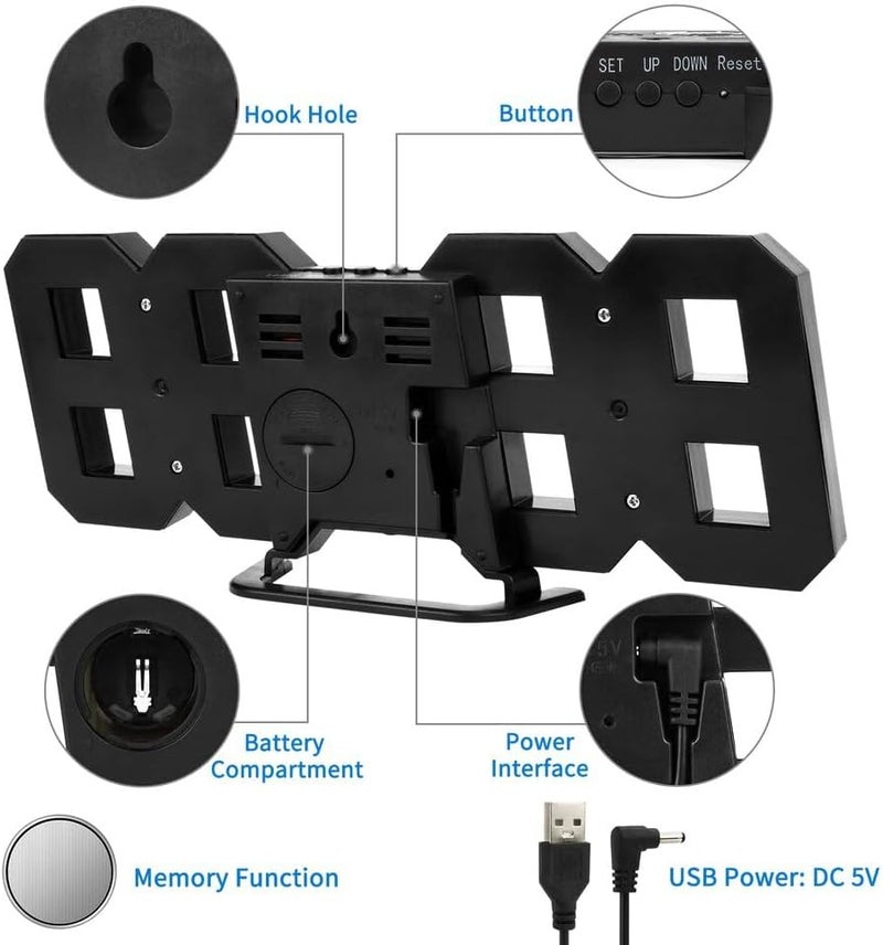 Kueh 3D Digital Alarm Clock with Adjustable Brightness and Temperature Display - Image 3