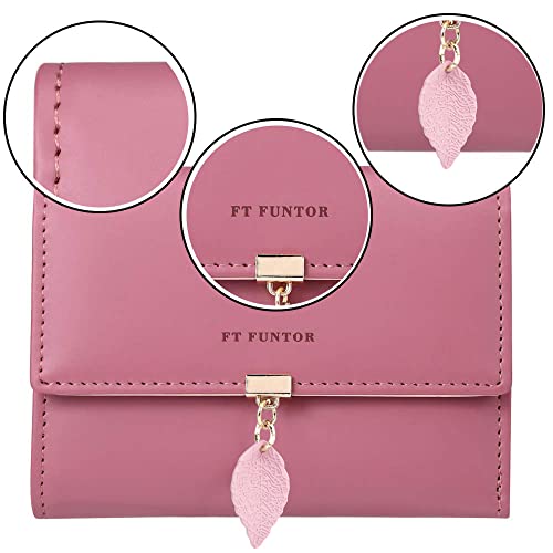 FT FUNTOR RFID Wallets for Women, Leaf Card Holder Trifold Ladies Wallets Coins Zipper Pocket with ID Window Deep Pink - Image 3