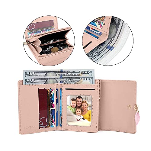 FT FUNTOR RFID Wallets for Women, Leaf Card Holder Trifold Ladies Wallets Coins Zipper Pocket with ID Window Deep Pink - Image 4