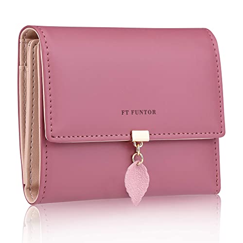 FT FUNTOR RFID Wallets for Women, Leaf Card Holder Trifold Ladies Wallets Coins Zipper Pocket with ID Window Deep Pink - Image 1