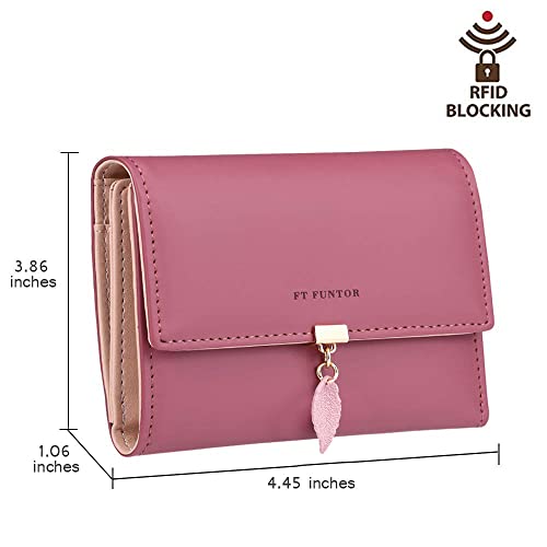 FT FUNTOR RFID Wallets for Women, Leaf Card Holder Trifold Ladies Wallets Coins Zipper Pocket with ID Window Deep Pink - Image 5