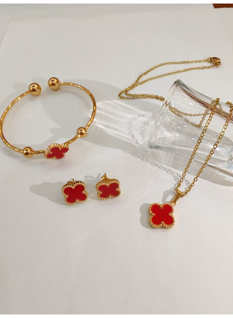 RED Clover Jewelry 3-piece Gift Box Necklace Bracelet Earnail 3-piece Set - Image 1