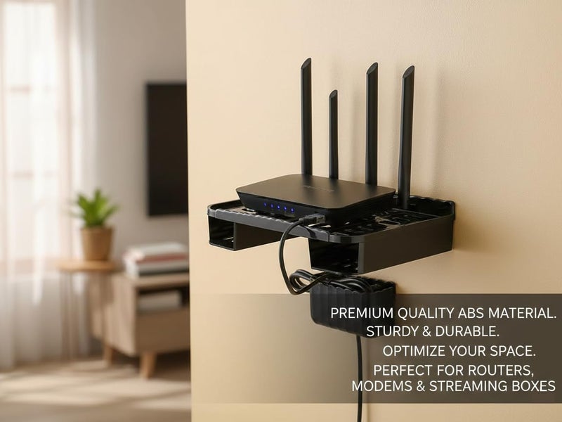 XML Set Top Box Stand Holder WiFi Router Stand Wall Mount Stylish with Remote Holder Wall Shelves Rack Plastic Office,Home Living Room Storage Organizer TV Accessories (Black) - Image 3