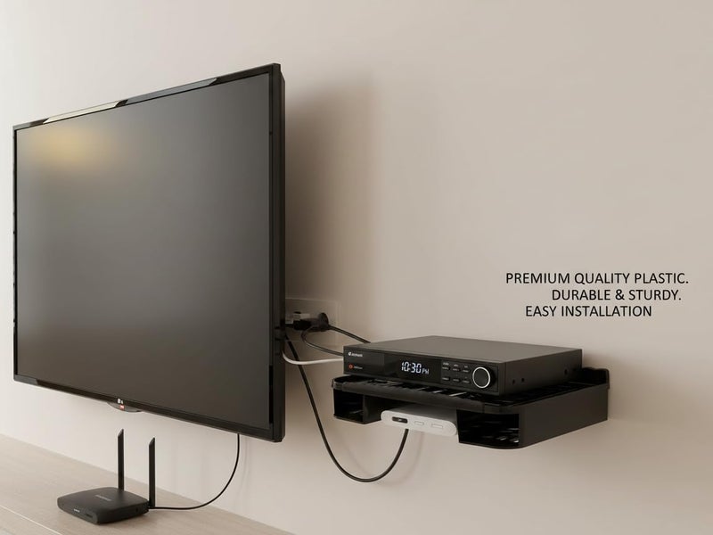 XML Set Top Box Stand Holder WiFi Router Stand Wall Mount Stylish with Remote Holder Wall Shelves Rack Plastic Office,Home Living Room Storage Organizer TV Accessories (Black) - Image 2