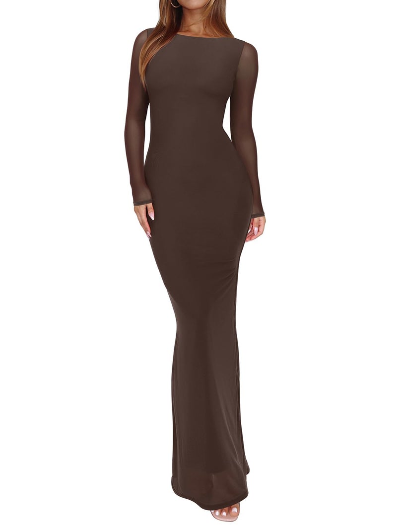 REORIA Women's Spring Mesh Sheer Long Sleeve Wedding Guest Dress Sexy Floral Bodycon Maxi Long Dresses Shaved Chocolate Medium - Image 1