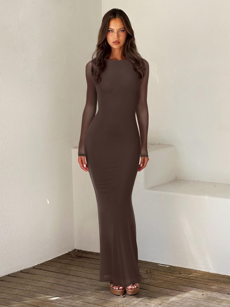 REORIA Women's Spring Mesh Sheer Long Sleeve Wedding Guest Dress Sexy Floral Bodycon Maxi Long Dresses Shaved Chocolate Medium - Image 4