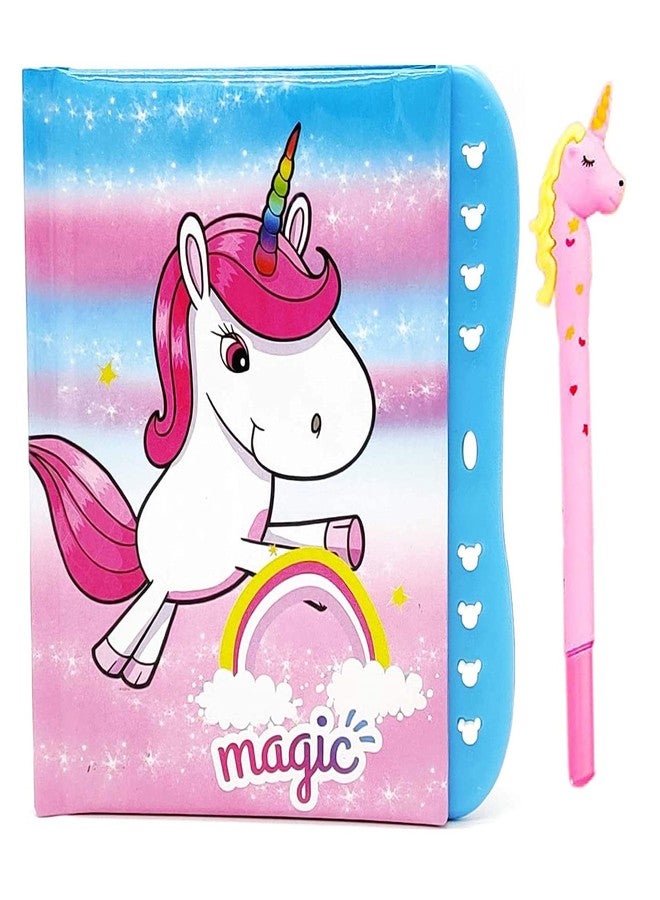KARIC Unicorn Secret Password Lock Diary with 1Pc Unicorn Gel Pen for Kids (Pack of 2 Items) - Blue - Image 1