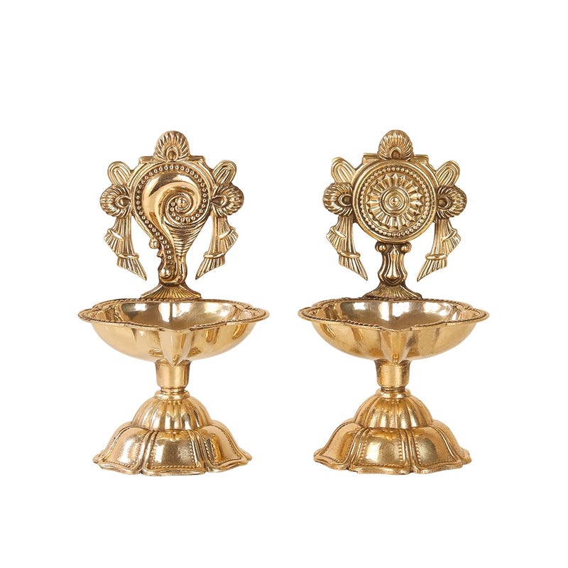 AKSHATA Pure Brass Shanku Chakra kuber Diya Diwali Decoration Item for Home Decor Brass shanku Chakra kuber Diya for puja Room Office Decor Living Room Diwali Festival Gift Item Set of 2 - Image 3