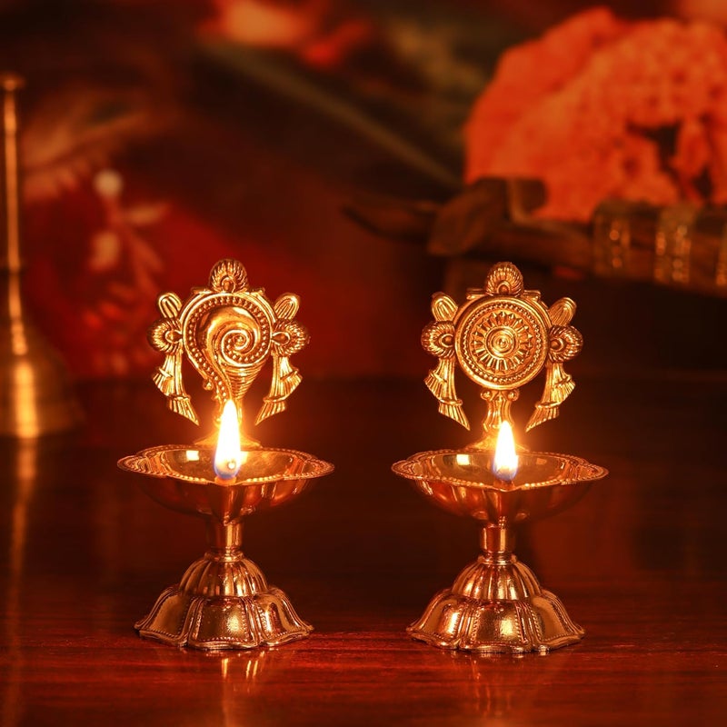 AKSHATA Pure Brass Shanku Chakra kuber Diya Diwali Decoration Item for Home Decor Brass shanku Chakra kuber Diya for puja Room Office Decor Living Room Diwali Festival Gift Item Set of 2 - Image 1