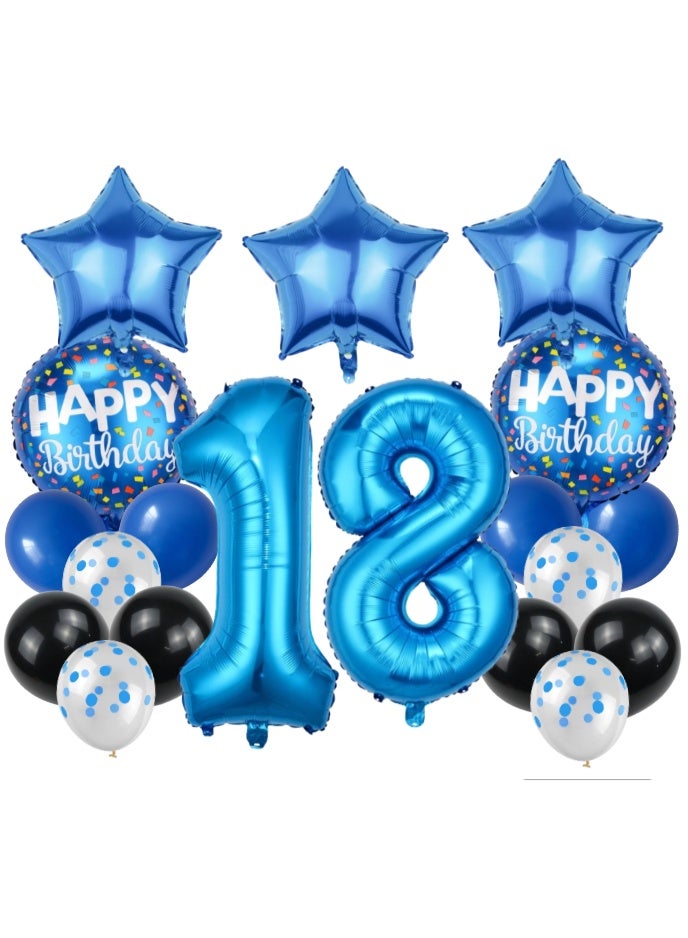 18th Birthday Decoration Set – Blue Foil Star, Black & Blue Latex Balloons with Round Happy Birthday Foil Balloons - Image 1