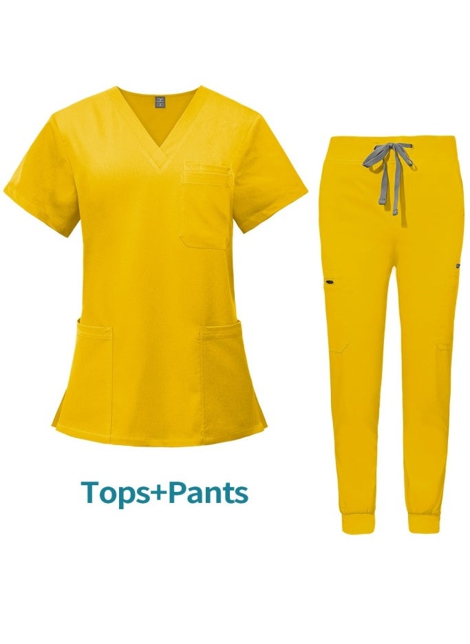Loquat Medical Uniform Scrubs 2 Piece Set V-Neck Top and Jogger Pants Suit Bright Yellow  - Image 1