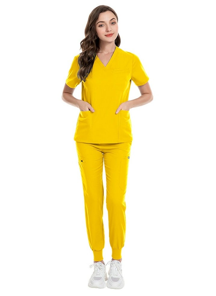 Loquat Medical Uniform Scrubs 2 Piece Set V-Neck Top and Jogger Pants Suit Bright Yellow  - Image 3