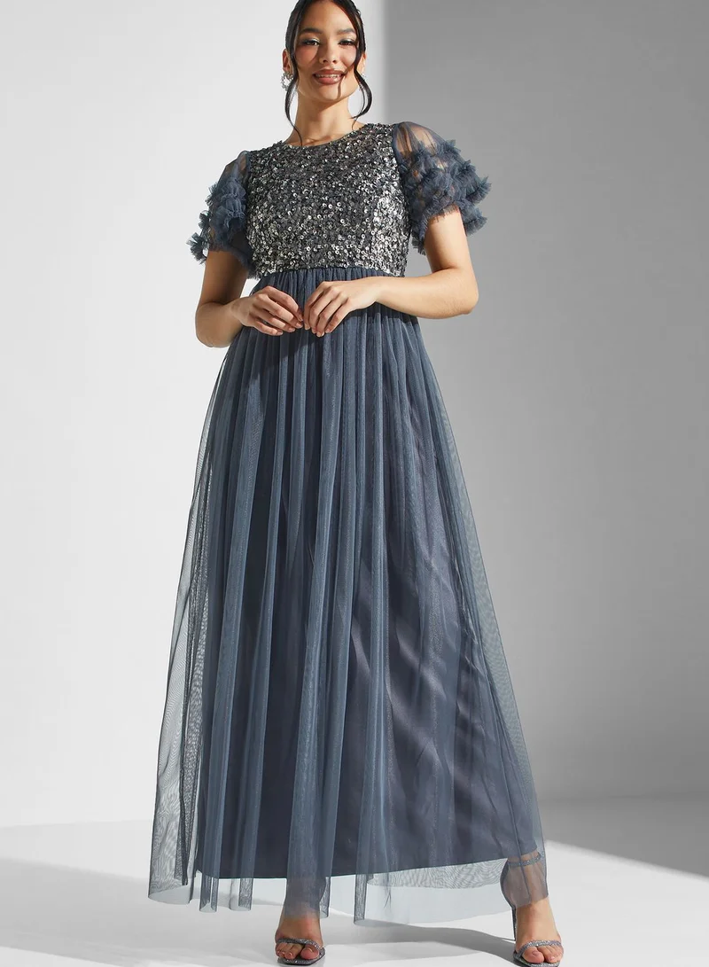 Lace and Beads Flared Sleeve Embellished Dress