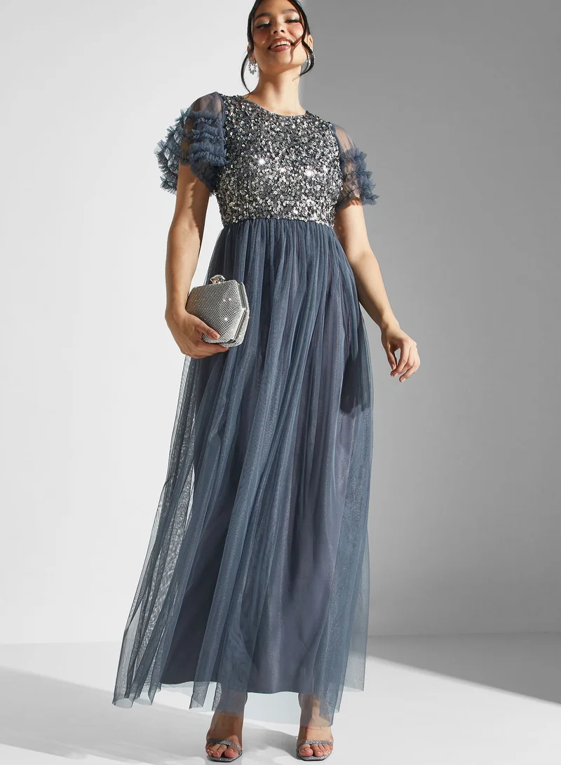 Lace and Beads Flared Sleeve Embellished Dress
