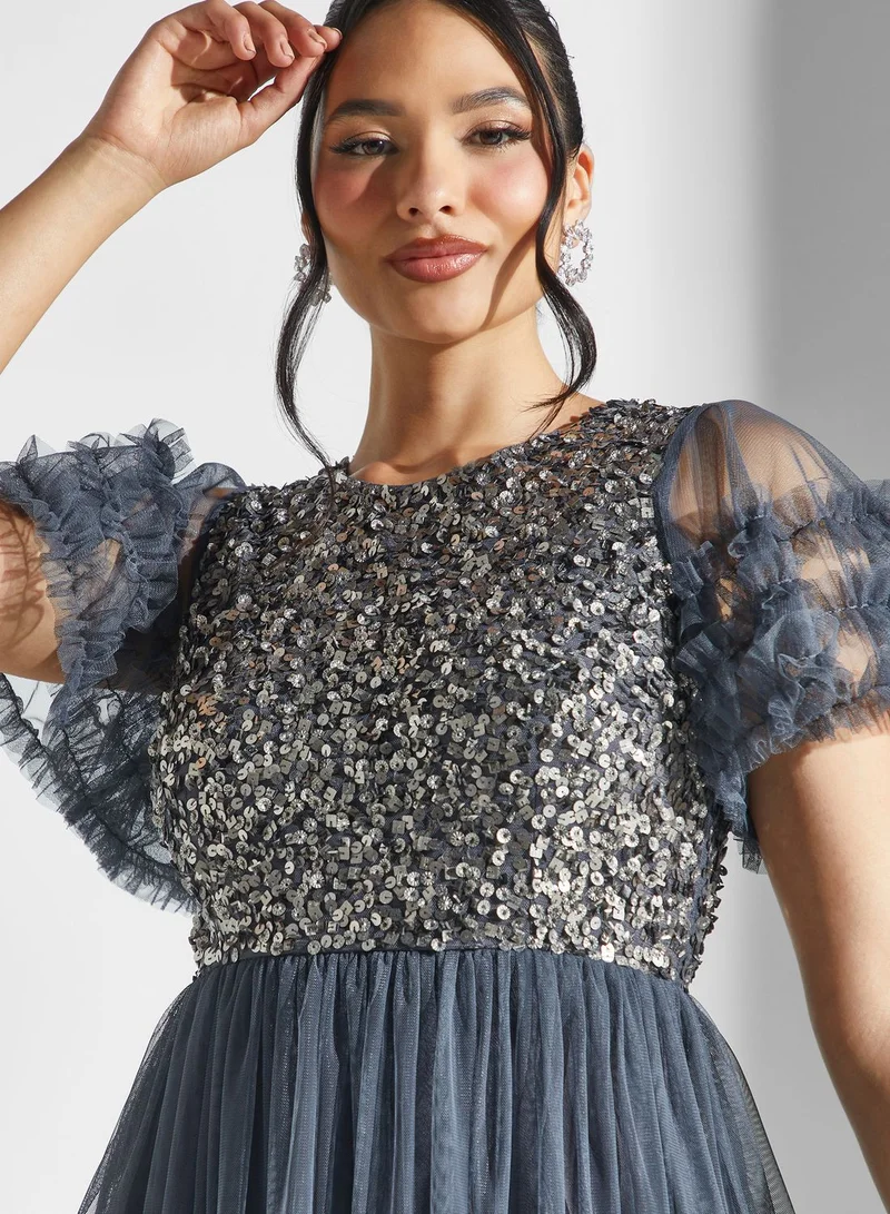 Lace and Beads Flared Sleeve Embellished Dress