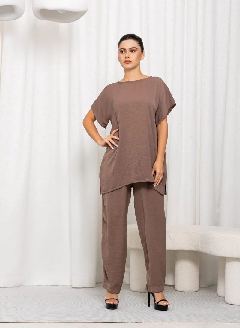 Nikias Brown Hamriya Crepe Trouser Set