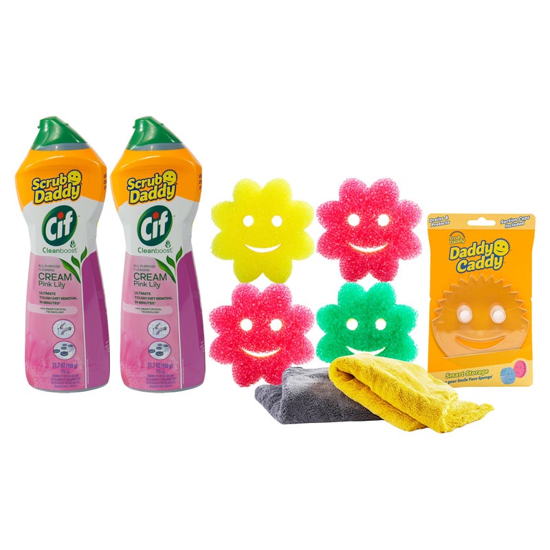 Scrub Daddy Cleaning Supplies Kit - Cif Floral Bundle - Includes Scrub Mommy Dish Sponges, Microfiber Towels, Kitchen Sink Caddy & Cif Cream All Purpose Cleaner, Pink Lilly (9 Count) - Image 1