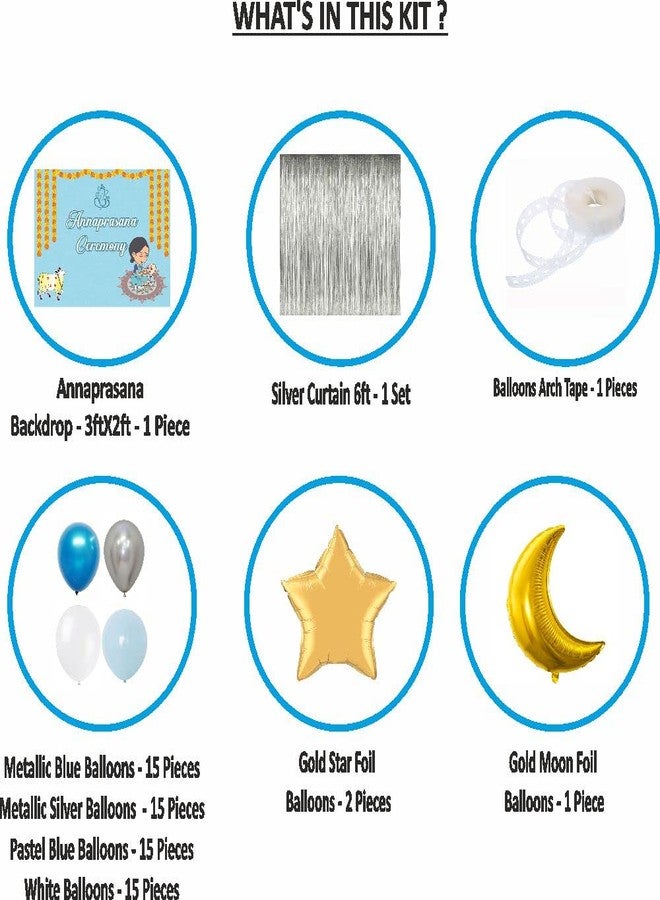 Untumble Annaprasana Kit - Foil Curtains, Moon & Star Balloons, Backdrop for Annaprashan/Baptism/Rice Ceremony for Baby Boy - Banner Included - Pack of 67 - Image 2