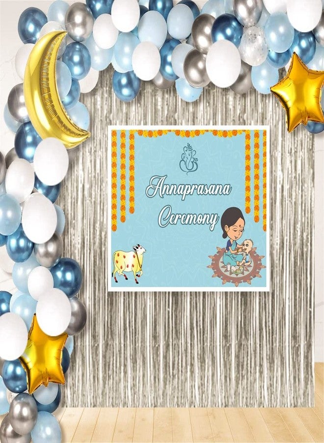 Untumble Annaprasana Kit - Foil Curtains, Moon & Star Balloons, Backdrop for Annaprashan/Baptism/Rice Ceremony for Baby Boy - Banner Included - Pack of 67 - Image 1