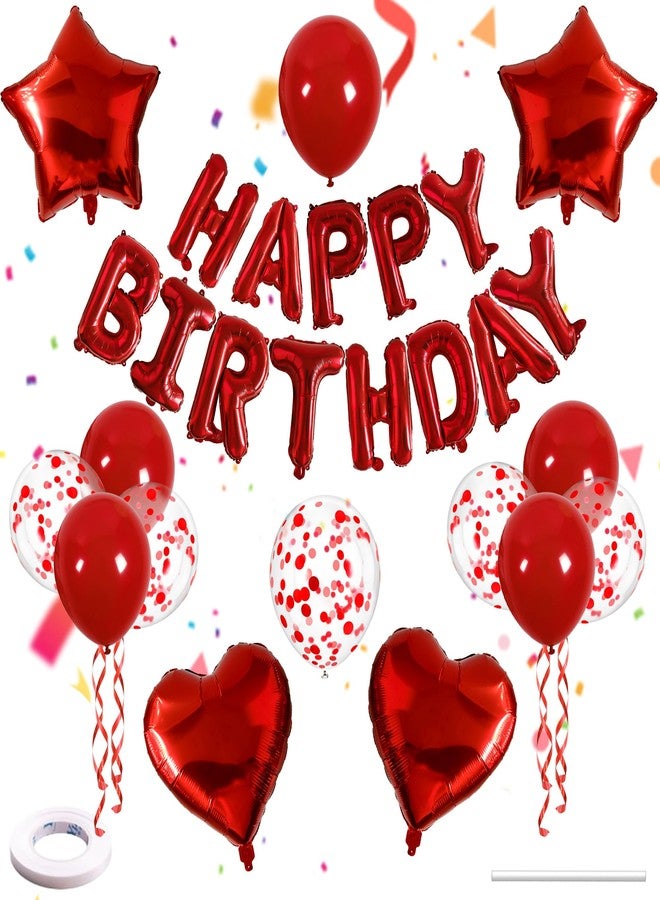 D-Fokes 27 Pcs Pentagram Heart Foil Balloons, 3D Foil Red Happy Birthday Balloon Banner, Confetti Balloons Kit, For Boys, Girls, Birthday Party, Decorations Supplies, Baby Showers - Image 1