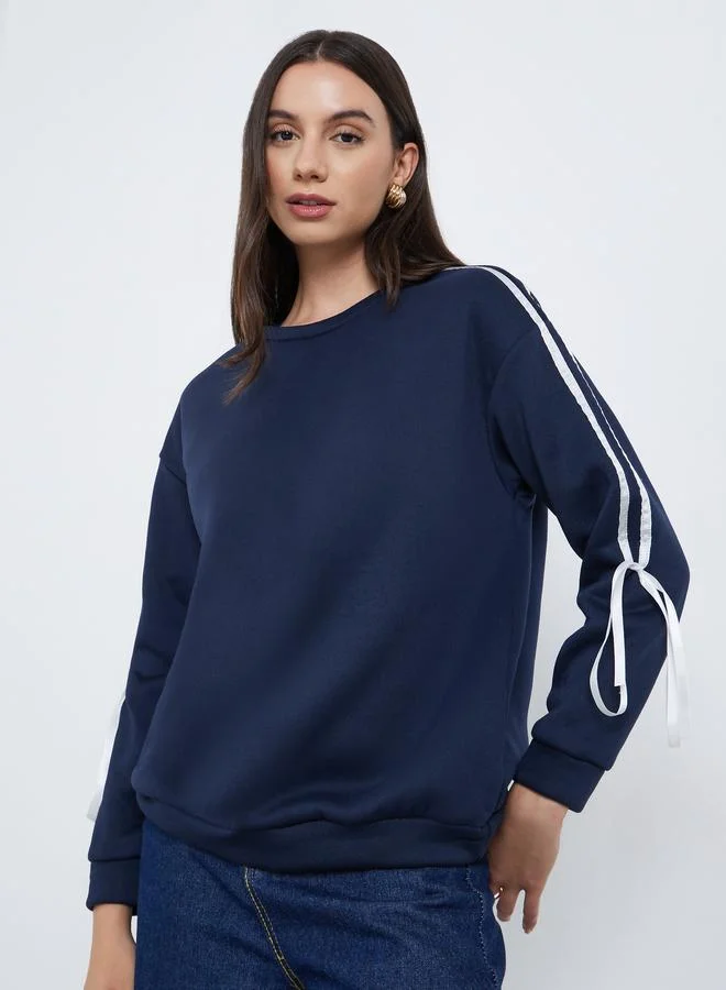 Styli Navy Blue Sweatshirt with Ribbon Detail