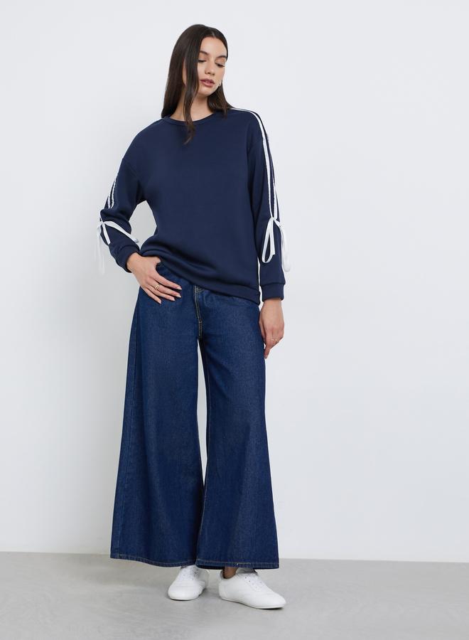 Styli Navy Blue Sweatshirt with Ribbon Detail - Image 2