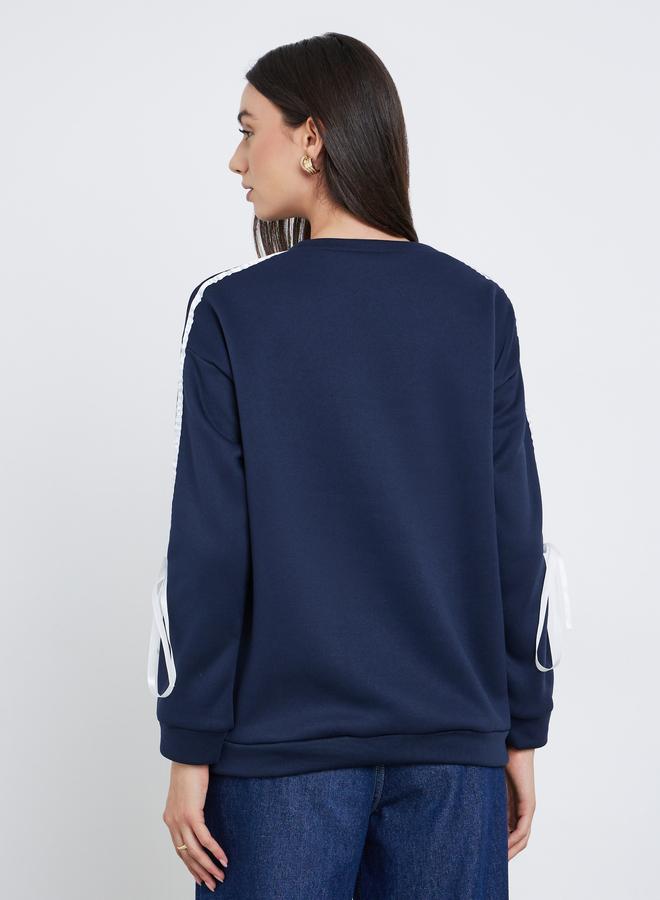 Styli Navy Blue Sweatshirt with Ribbon Detail - Image 4