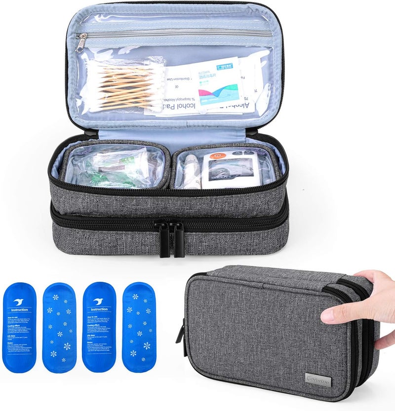 Yarwo Insulin Cooler Travel Case with 4 Ice Packs, Double Layer Diabetic Supplies Organizer for Insulin Pens, Blood Glucose Monitors or Other Diabetes Care Accessories, Gray