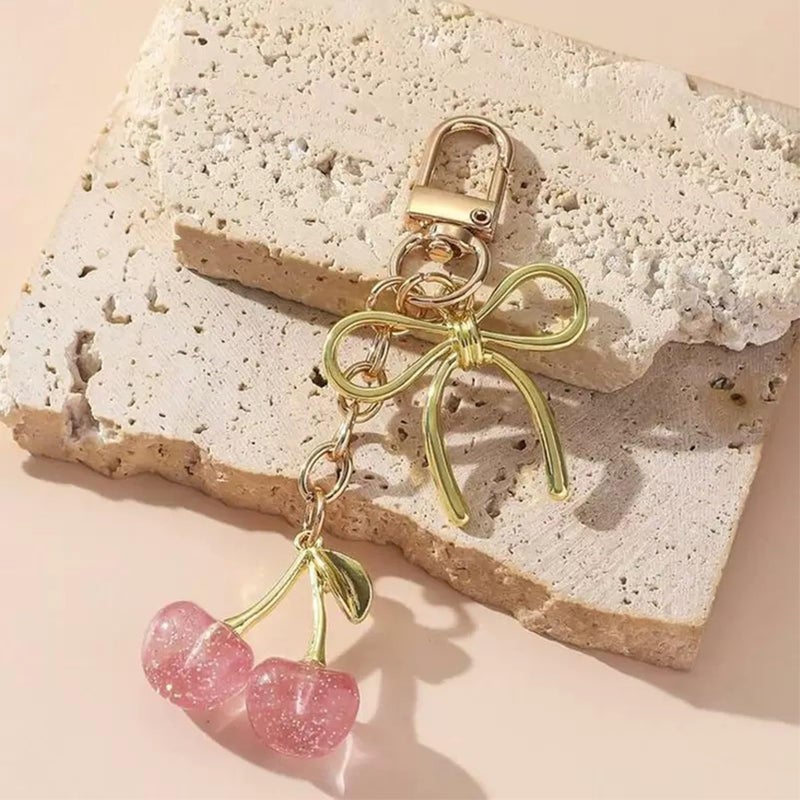 YDF Cherry Keychain Cute Bag Charm Women Leather Keyring Car Keys Gift Mother's Day Birthday Valentine's Purse Accessory (Pink) - Image 5