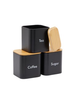 Juvale 3-Piece Set Sugar Tea Coffee Kitchen Canister Set Black Stainless Steel Containers With Bamboo Lids 48 Oz  - Image 1